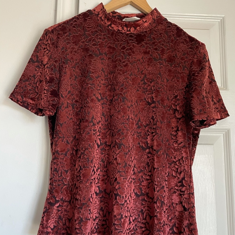 Red Velvet Burnout Rose Flower Top Black Red Shirt Vintage